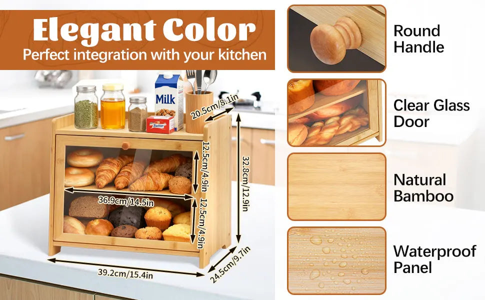 Bamboo Bread Box for Kitchen Countertop(Natural), Double Layer with Window,  Farmhouse Style Large Capacity Storage Container