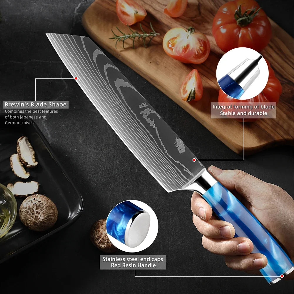 Stainless Steel Chef Knife Kitchen Knife Set 1-8Piece Razor-Sharp Paring Knife, Boning Knife, Santoku Knife, Blue Resin Handle