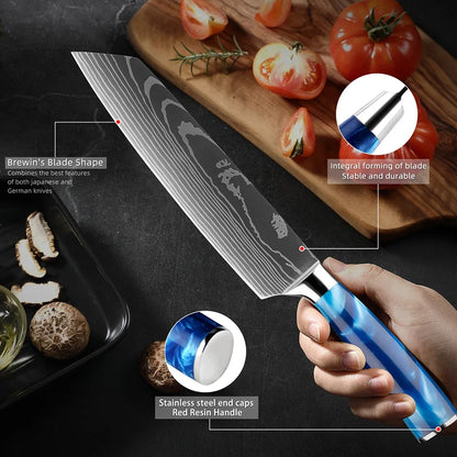 Stainless Steel Chef Knife Kitchen Knife Set 1-8Piece Razor-Sharp Paring Knife, Boning Knife, Santoku Knife, Blue Resin Handle