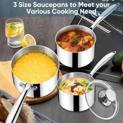Stainless Steel Saucepan Set and and Sauce Pan with Lids 6pcs Tri-Ply Bottom Induction Compatible Small Cooking Pot kitchen Coo