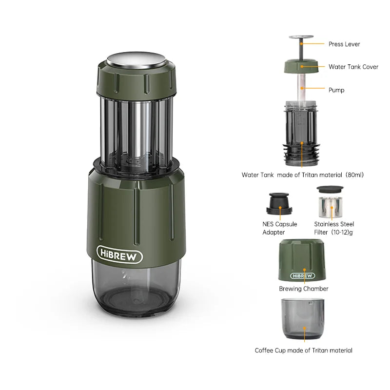 HiBREW 2 in 1 Portable Coffee Machine Hot/Cold Water Manual Espresso Maker For Capsule & Ground Hand Press Brewer H4D