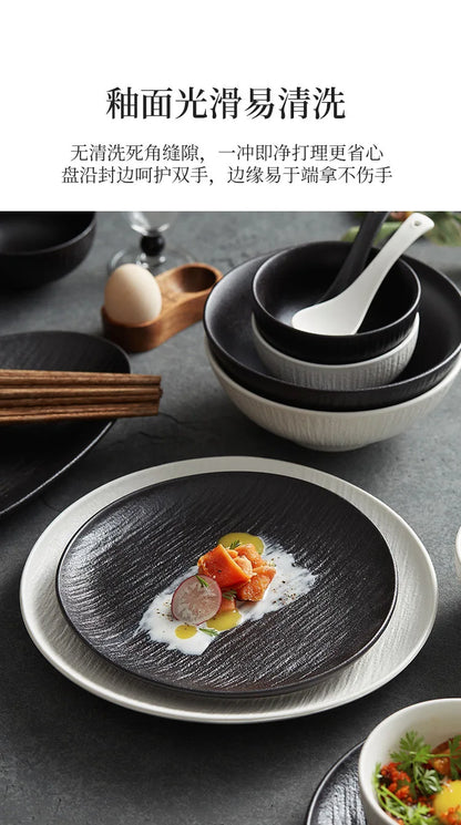 Black and white ceramic tableware, plates, plates, household eating bowls, soup bowls, high-end luxury Japanese tableware sets.