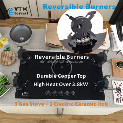 4 Gas 1 Electric Ceramic Hob, Multi-Functional Glass Cooktop, Reversible Burners, Gas Stove for Outdoor RV and Indoor Use