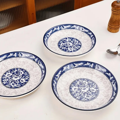 6pcs Elegant Blue And White Ceramic Dinnerware Set, Large Round Plates with Floral Design, Microwave And Dishwasher Safe, Suitab