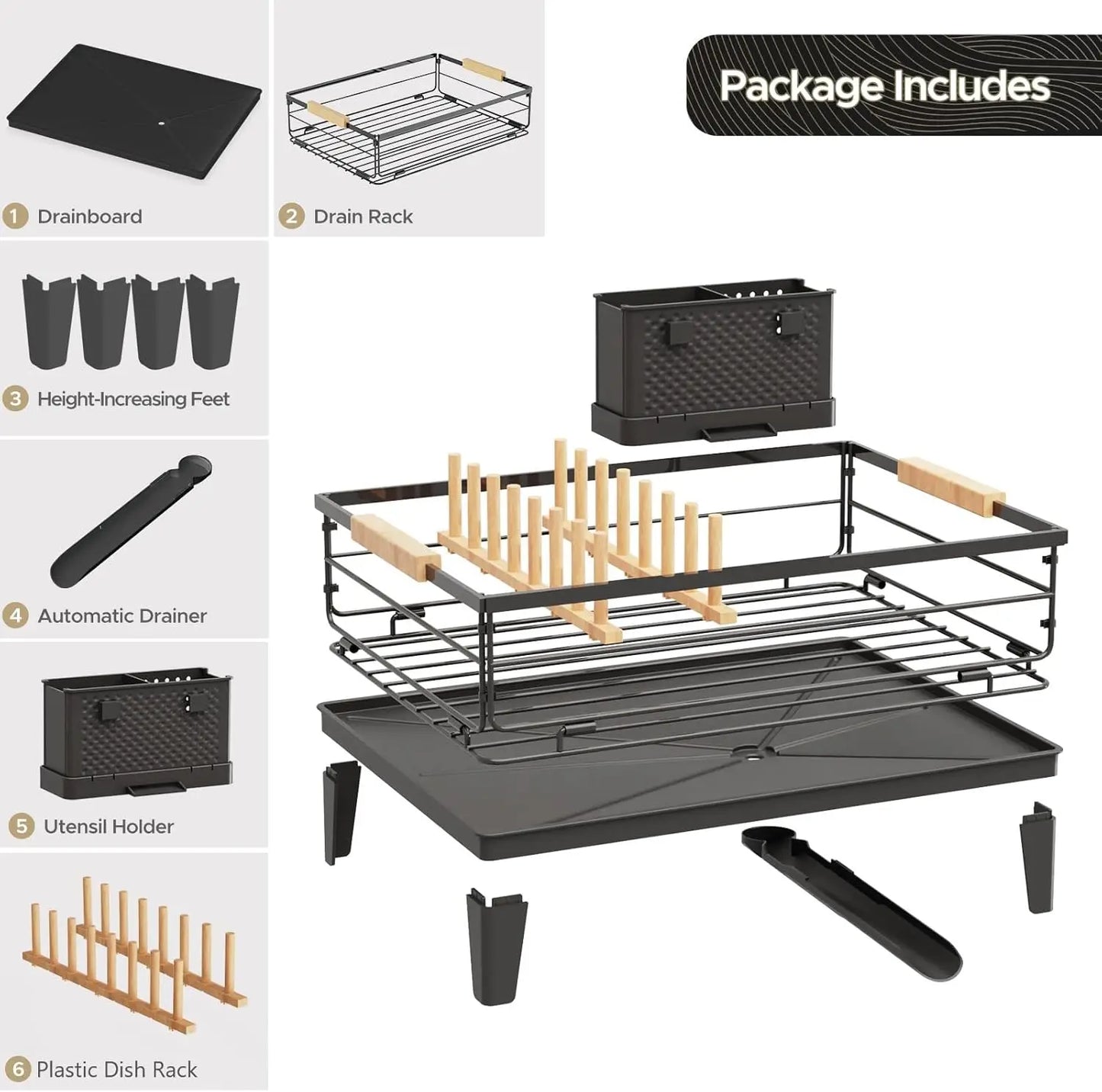 Upgrade Dish Racks for Kitchen Counter Carbon Steel Dish Drainer with Removable Cutlery Holder & Drainboard, White