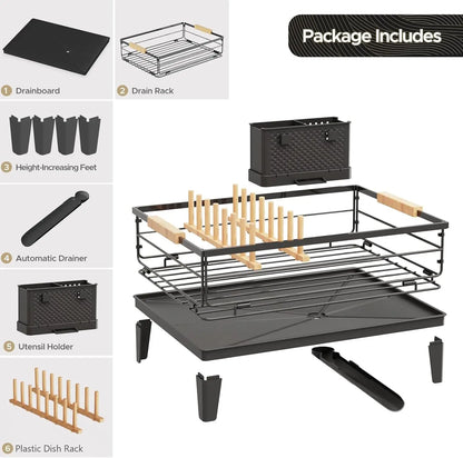 Upgrade Dish Racks for Kitchen Counter Carbon Steel Dish Drainer with Removable Cutlery Holder & Drainboard, White