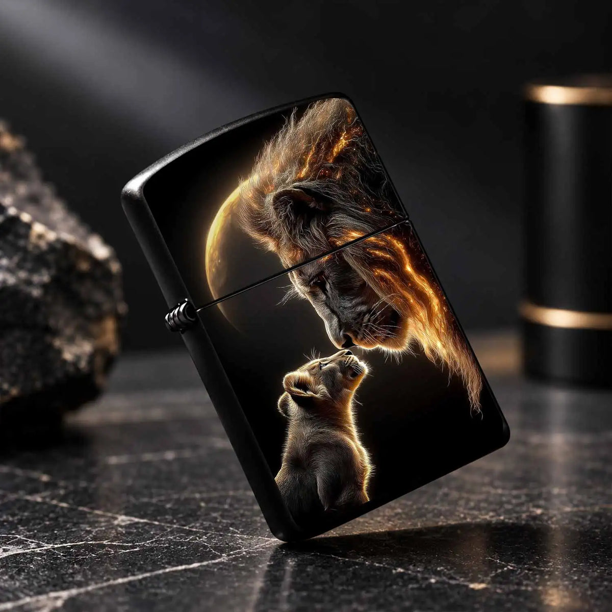 Creative Lighter With Warm Lion Cub And Adult Lion Glowing Art Pattern, Exquisite Moon Background Themed Decor, Portable Stylish Accessory For Daily Use Gifting Outdoor Travel Any Occasions A Humorous And Interesting Lighter