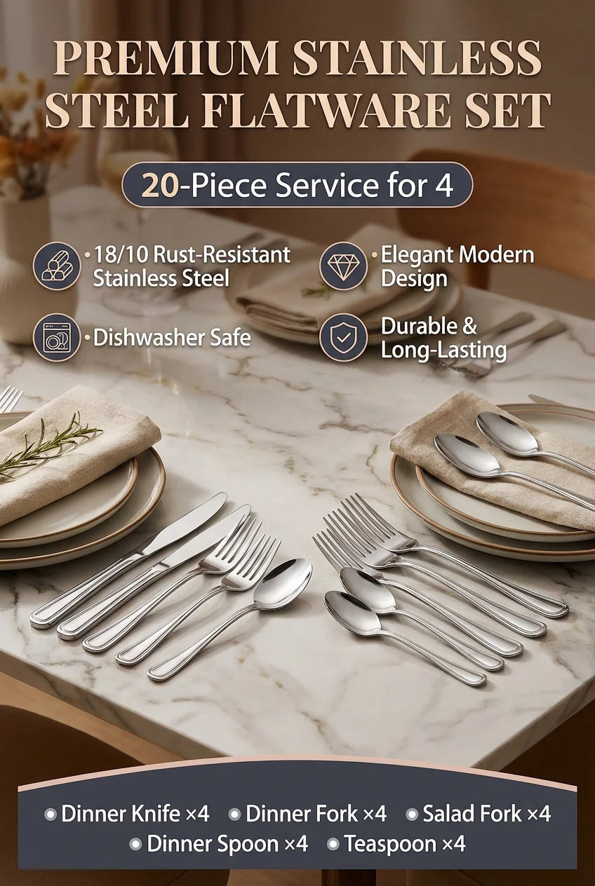 20-Piece Stainless Steel Flatware Set (Includes Knives, Forks, and Spoons) — Ideal for Western Dining & Restaurant Use | Suitabl