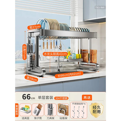 304 Stainless Steel Sink Storage Rack 2 Layers Kitchen Shelf Multifunctional Bowl Dish Drain Basket Space Saving Organize Shelf