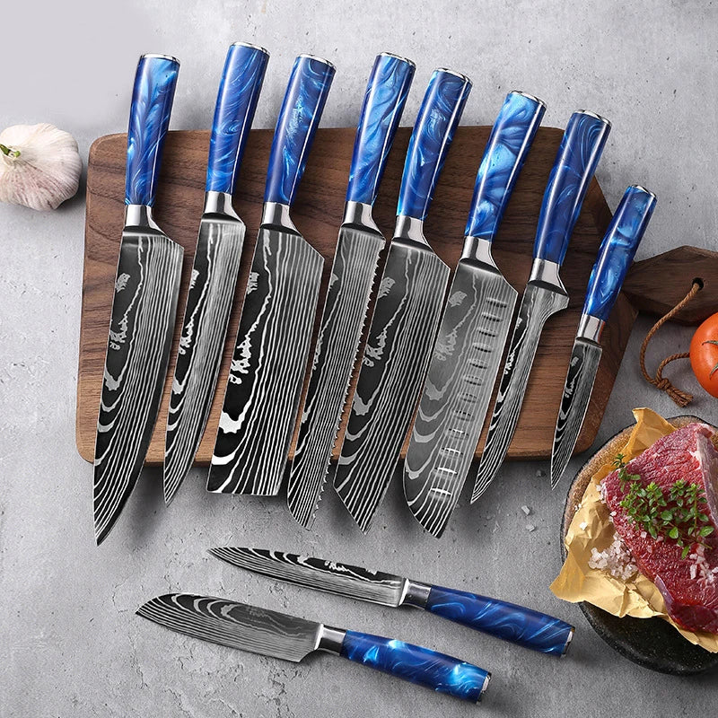 Damascus Pattern Knives Set Stainless Steel Chef Knife Japanese Santoku Knife Boning Knife Meat Cleaver Household Bread Knives