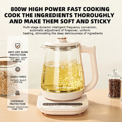 SUNATUR Kettles Electric Glass 220V Multifunction Health Pot Milk Fruit Tea Coffee Water 800W 24-hour Heat Preservation