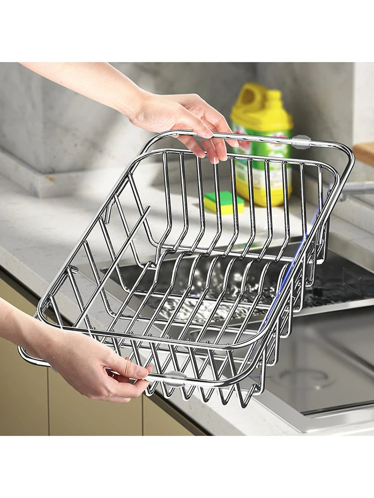 Stainless Steel Telescopic Sink Drain Rack Non-Slip Dish Drying Kitchen Bathroom Countertop Organizer Rack for Household Use