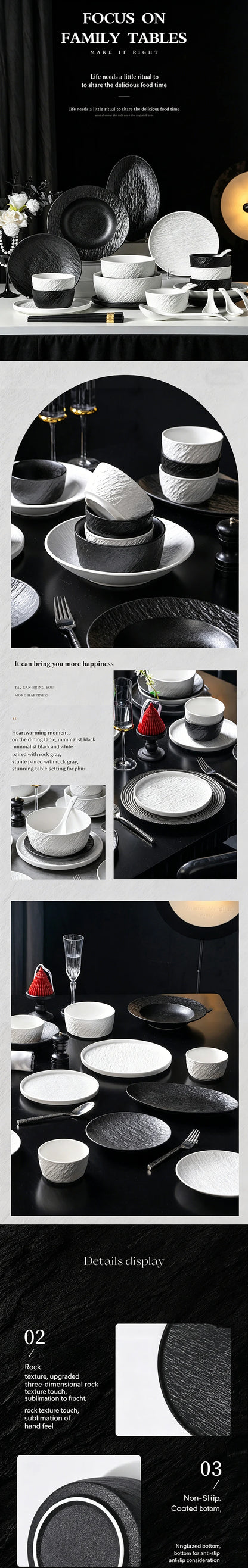 Tableware Set Black And White Rock Slab 8/16/34/55pcs Ceramics Dish Sets Full Set Luxury Dinnerware Set For 2/4/6/8/10 Persons