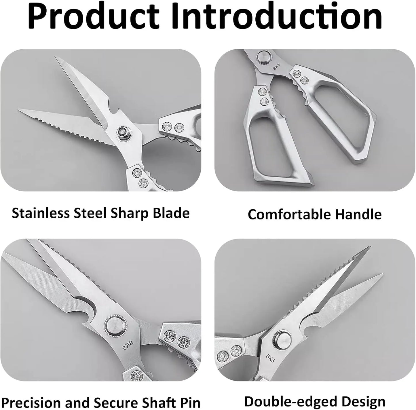 Heavy Duty Sharp Kitchen Scissors, Dishwasher Safe, Cooking Shears for Meat, Chicken, Fish, Poultry, Herb, Bread (Silver)