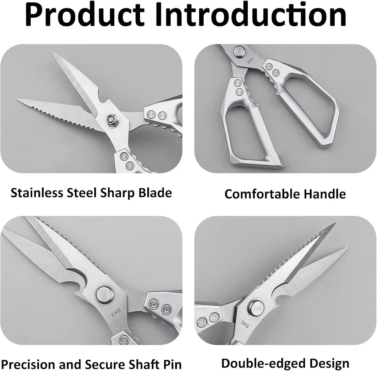 Heavy Duty Sharp Kitchen Scissors, Dishwasher Safe, Cooking Shears for Meat, Chicken, Fish, Poultry, Herb, Bread (Silver)