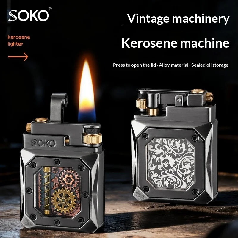 2026 Mechanical Style Press Open Cover Open Flame Kerosine Lighter Zinc Alloy Double sided Pattern Visual Oil Tank Lighters Gift