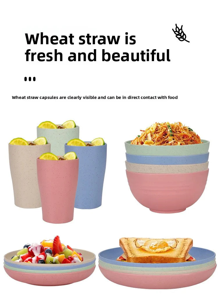 Natural Wheat Straw Tableware Set Dinnerware Sets Biodegradable Unbreakable Plates, Bowls, Cups Lightweight for Kitchen Camping