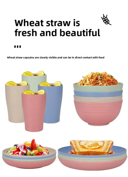 Natural Wheat Straw Tableware Set Dinnerware Sets Biodegradable Unbreakable Plates, Bowls, Cups Lightweight for Kitchen Camping