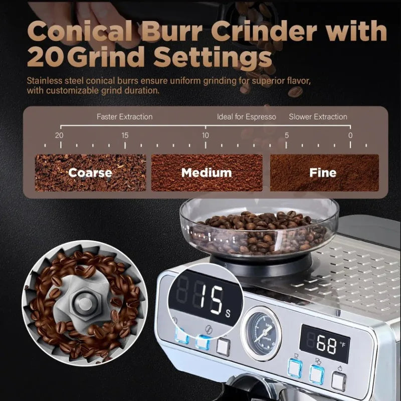 Professional Espresso Machine Smart 20 Bar Semi-Automatic Espresso Machine with Grinder Household Hotel Classic Coffee Maker