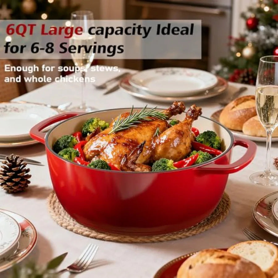 6QT Enameled Cast Iron Dutch Oven with Lid, Versatile Heavy-Duty Cookware Pot for Baking Bread, Braising, Soups and Stews, Oven