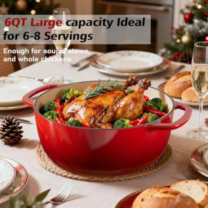 6QT Enameled Cast Iron Dutch Oven with Lid, Versatile Heavy-Duty Cookware Pot for Baking Bread, Braising, Soups and Stews, Oven