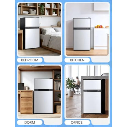 Dorm fridge with freezer for bedroom, office, kitchen, dorm: silver stainless steel, 2.5 cu.ft capacity, double reversible door