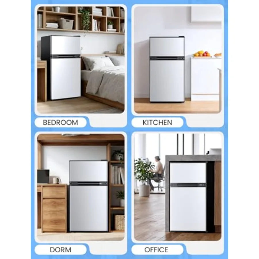 Dorm fridge with freezer for bedroom, office, kitchen, dorm: silver stainless steel, 2.5 cu.ft capacity, double reversible door
