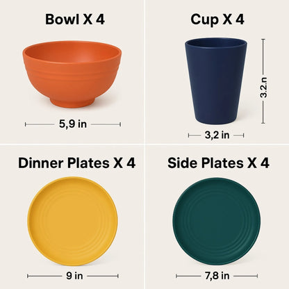 16 PCS Wheat Straw Dinnerware Set, Unbreakable Plates Bowls Cups for 4, Lightweight Microwave & Dishwasher Safe Tableware