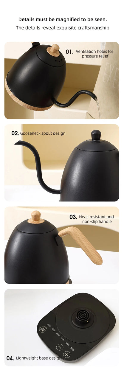 800ml Gooseneck Electric Kettle Hand Brew Coffee Pot Teapot 304 Stainless Steel Water Jug Slender Mouth Hand Brewing Pot 1000W