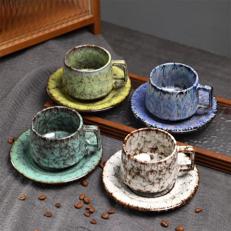 Traditional Arabic Coffee Cup and Dish Set Middle Eastern Style Kiln Transformed Coarse Ceramic Retro Handmade Mug