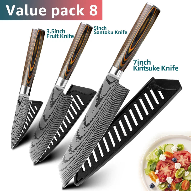 Kitchen Knife Set Professional Chef Knife 7CR17 Germany Stainless Steel Damascus Laser Meat Cleaver Slicing Santoku Cutter Tools