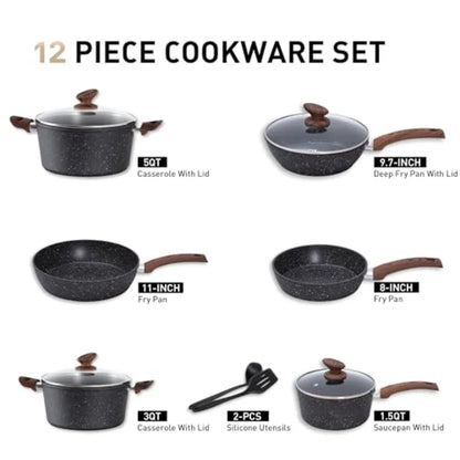 Pots and Pans Set Non Stick 12 Piece Black Granite Kitchen Cookware Induction Compatible Pot and Pan Sets for Cooking Nonstick