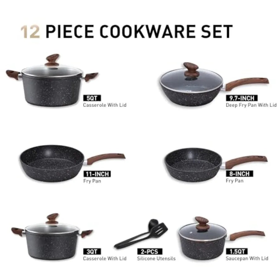 Pots and Pans Set Non Stick 12 Piece Black Granite Kitchen Cookware Induction Compatible Pot and Pan Sets for Cooking Nonstick