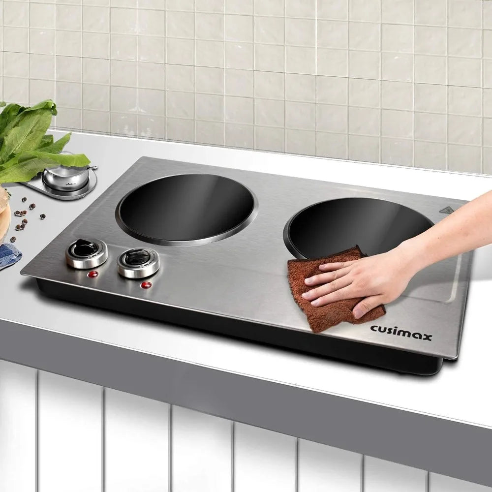 CUSIMAX 1800W Electric Hot Plate for Cooking Dual Control Infrared Cooktop Double Burner Ceramic Stove Top