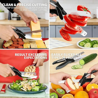 2 in 1 Kitchen Scissors for Food – Stainless Steel 9.5" Tomato Knife Chops Vegetables, Fruit, Cheese, Meat in Seconds | Dishwasher Cutting Board Scissors  – Mess-Free Prep