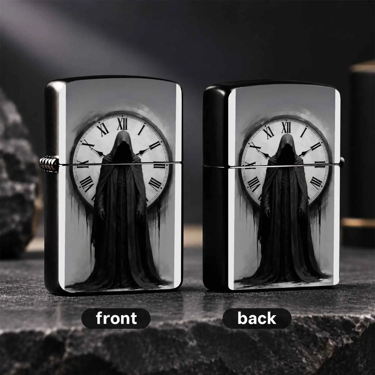 Portable Ignition Accessory With Dark Gothic Faceless Time Keeper Print, Retro Roman Numeral Clock Themed Unique Decor, Stylish Practical Collectible Gift For Daily Use, Gatherings And Creative Display For Art Lovers A Humoro