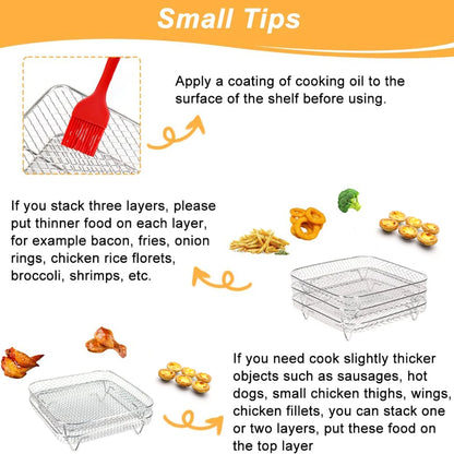 3Layer Air Fryer Racks Stainless Steel Square Air Fryer Basket Tray Stackable Dehydrator Racks Air Fryer Accessories Fit Kitchen