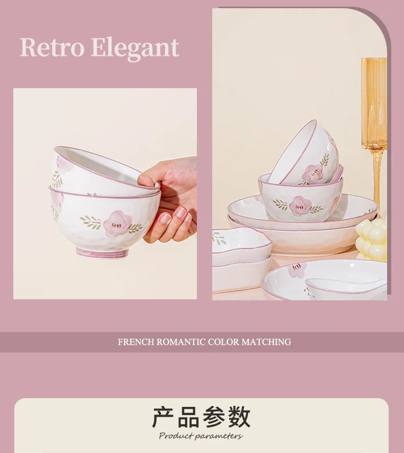 Flower, Underglaze Color, Ceramic Tableware, Bowl and Plate Combination