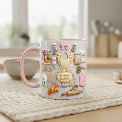 Personalized Baking Lover Mug, 3D Effect Custom Name Baker Mug, Apron Kitchen Coffee Mug, Mother's Day Gift