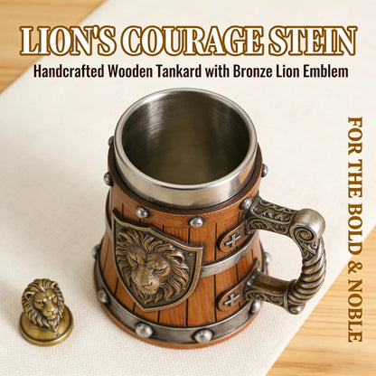 Medieval Lion Head Beer Mug Retro Wooden Look Tankard 304 Stainless Steel Inner Cup Vintage Gothic Stein Cup Gift for Men Father