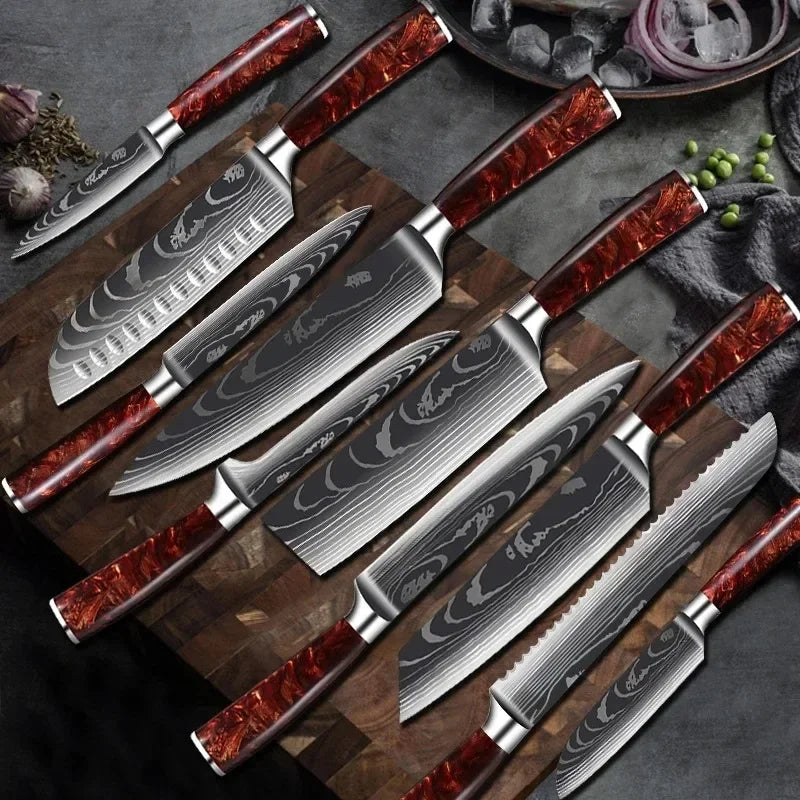 Damascus Pattern Knives Set Stainless Steel Chef Knife Japanese Santoku Knife Boning Knife Meat Cleaver Household Bread Knives