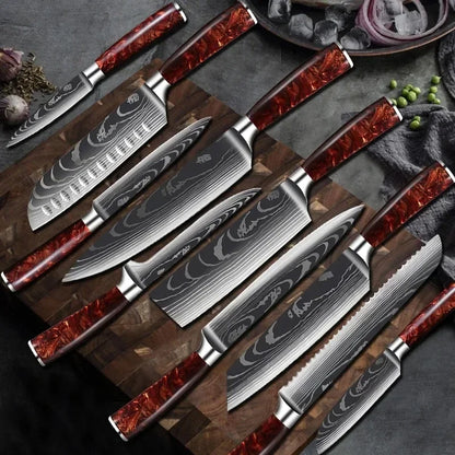 Damascus Pattern Knives Set Stainless Steel Chef Knife Japanese Santoku Knife Boning Knife Meat Cleaver Household Bread Knives