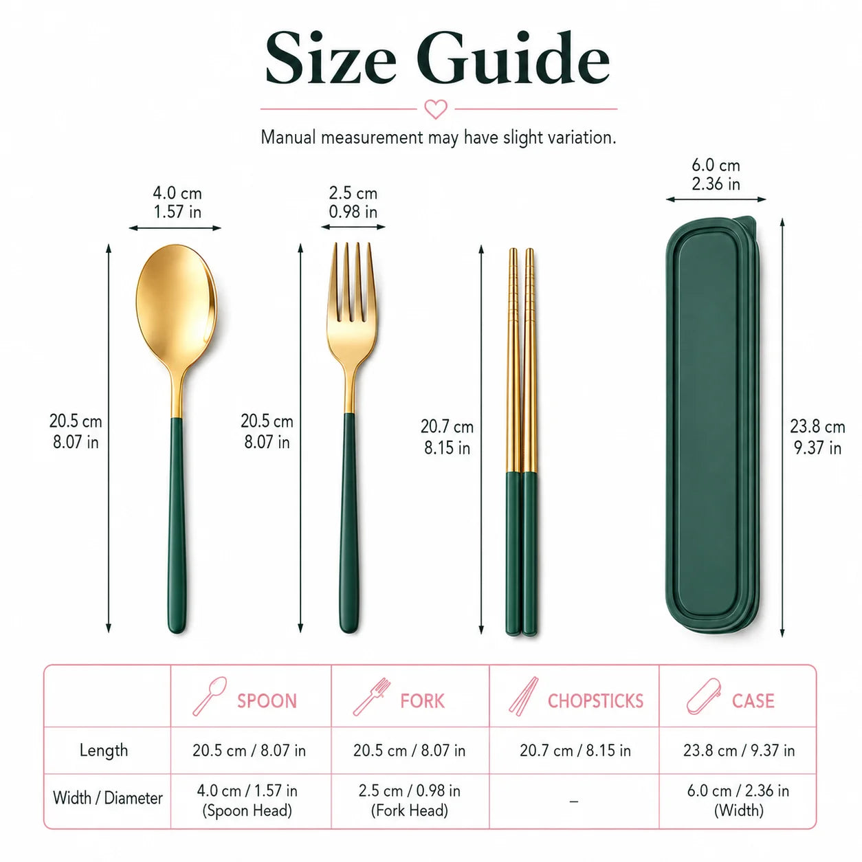 3PCS Portable Stainless Steel Cutlery Set with Case, Green Gold Reusable Spoon Fork Chopsticks Travel Tableware Set for Office School Camping Picnic