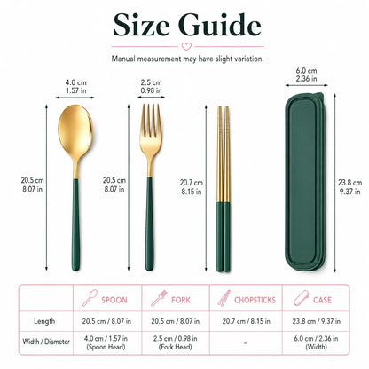 3PCS Portable Stainless Steel Cutlery Set with Case, Green Gold Reusable Spoon Fork Chopsticks Travel Tableware Set for Office School Camping Picnic