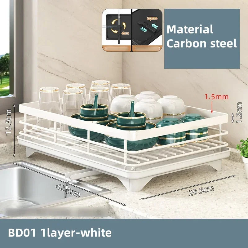 Kitchen Dish Drain Rack Plates Bowls Chopsticks Carbon Steel Storage Rack with Drain Board Sink Countertop Tableware Storage