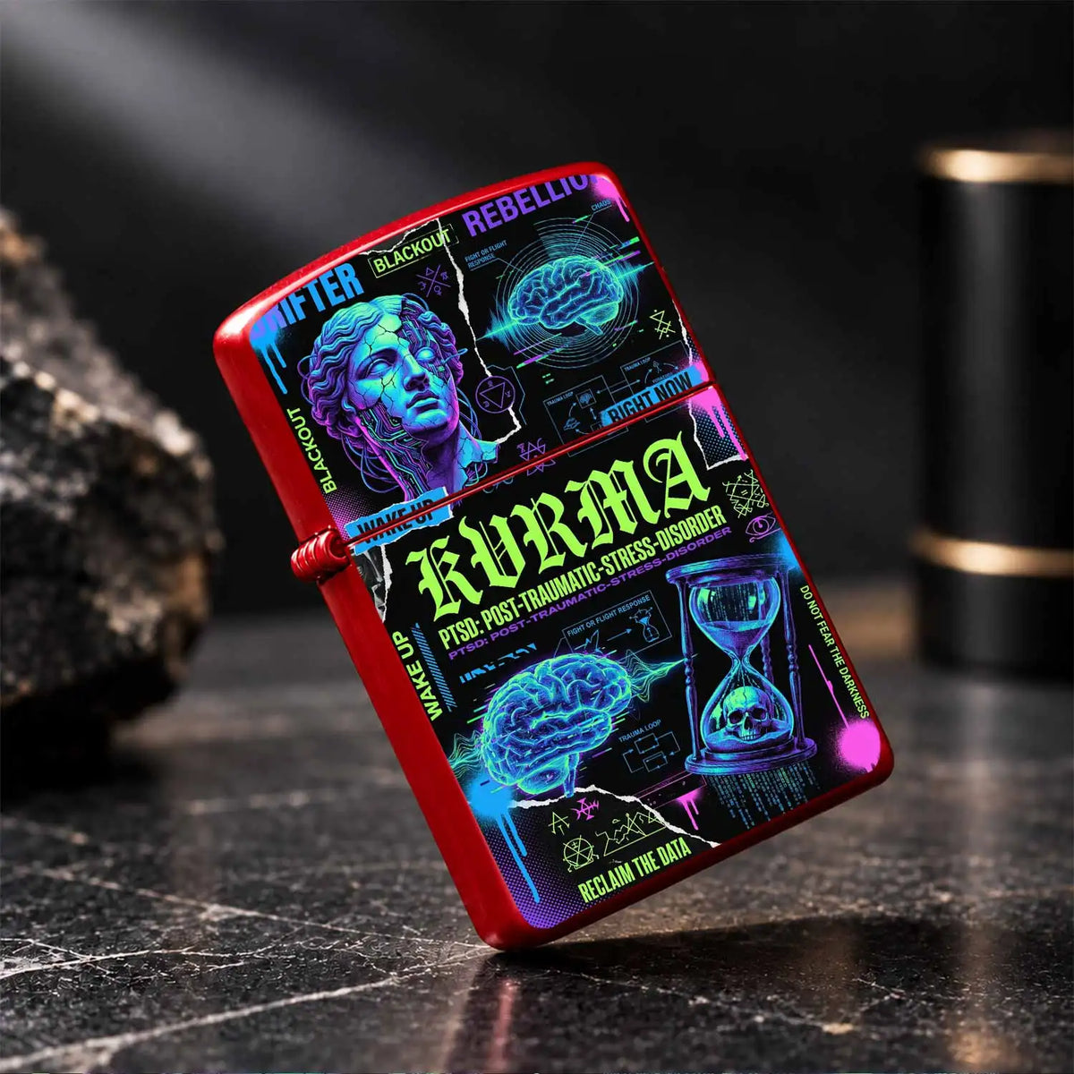 Cyber Style Kvrma Themed Lightweight Lighter, Trendy Print Of Statue Brain Hourglass, Portable Accessory For Daily Outdoor Multi Scenarios, Cool Unique Practical Item For Everyday Use And Festival Gift Giving A Humorous And I