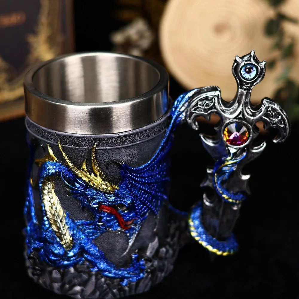 Medieval Dragon Sword Coffee Mug Stainless Steel Resin Insert Beer Mugs Steins Tankard Dragon Themed Party Decor Friends Gift