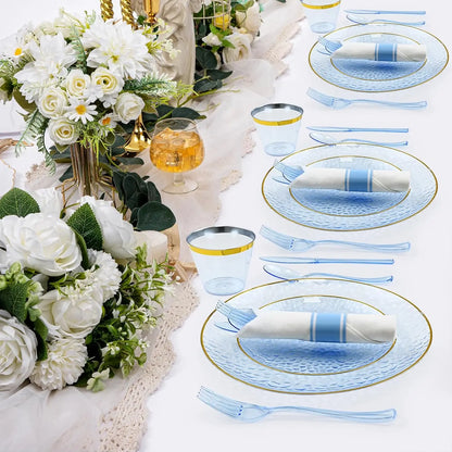 175PCS Gold and Blue Plastic Dinnerware Set – Clear Blue Disposable Plate with Gold Rim Include Dinner Plates, Dessert Plate