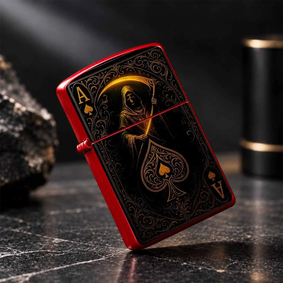 Retro Grim Reaper Ace Of Spades Themed Lighter, Exquisite Gold Foil Engraved Art Stylish Accessory, Portable Versatile Daily Use Ignition Tool, Unique Creative Present For Party Travel Gatherings All Scenarios A Humorous And