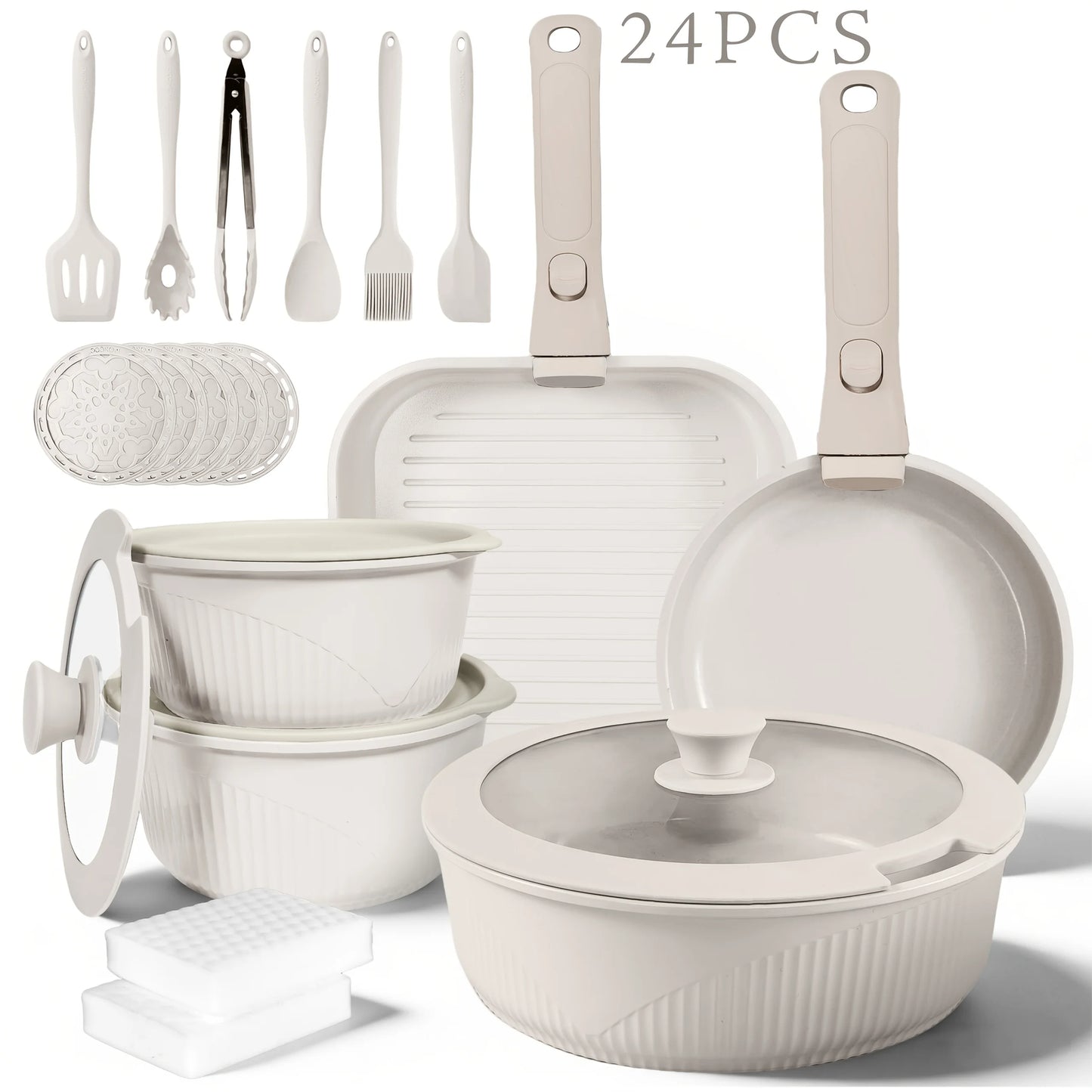 24pcs/7pcs/5pcs Cookware Set Non-Stick Pots & Pans Induction-Ready Kitchen Cookware Set Includes Skillet/Frying Pan/Soup Pot/Ste